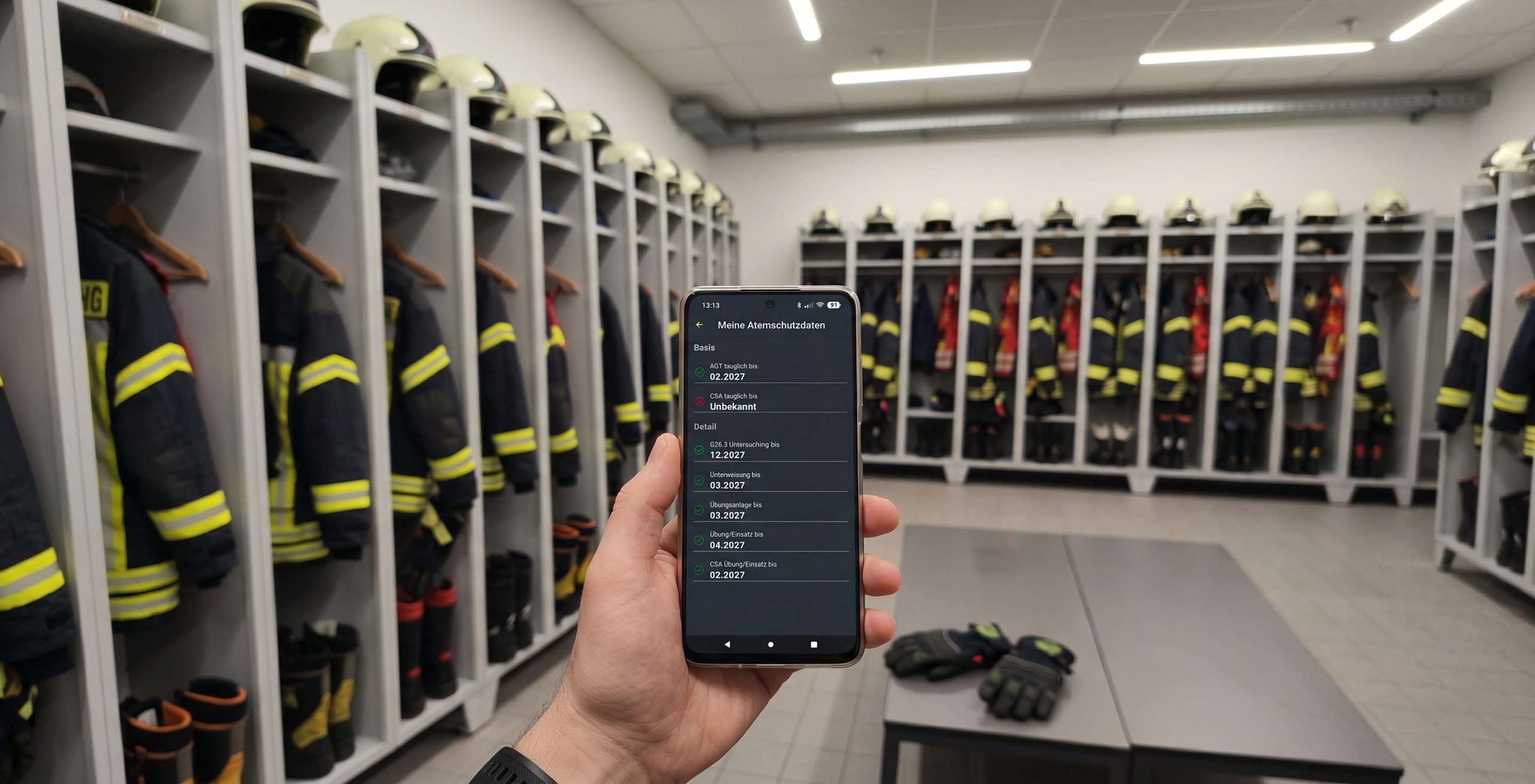 Ein Feuerwehrmann hält ein Smartphone in der Hand, auf dem die FWportal-App Atemschutz-Fristen wie die G26.3 anzeigt. Im Hintergrund ist verschwommen eine Feuerwehr-Umkleide zu sehen.