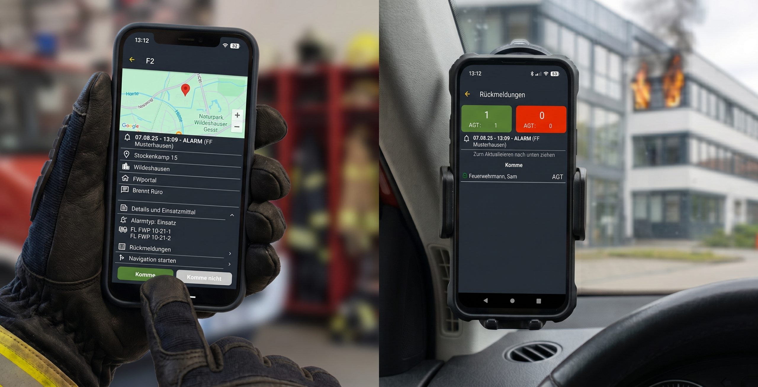 Ein Diptychon zeigt links die behandschuhte Hand eines Feuerwehrmanns, der ein iPhone mit einer Alarm-App (FWportal) hält und eine Einsatzbestätigung drückt; rechts ist ein montiertes Telefon im Auto zu sehen, das Echtzeit-Rückmeldungen anzeigt, während ein brennendes Bürogebäude durch die Windschutzscheibe sichtbar ist.