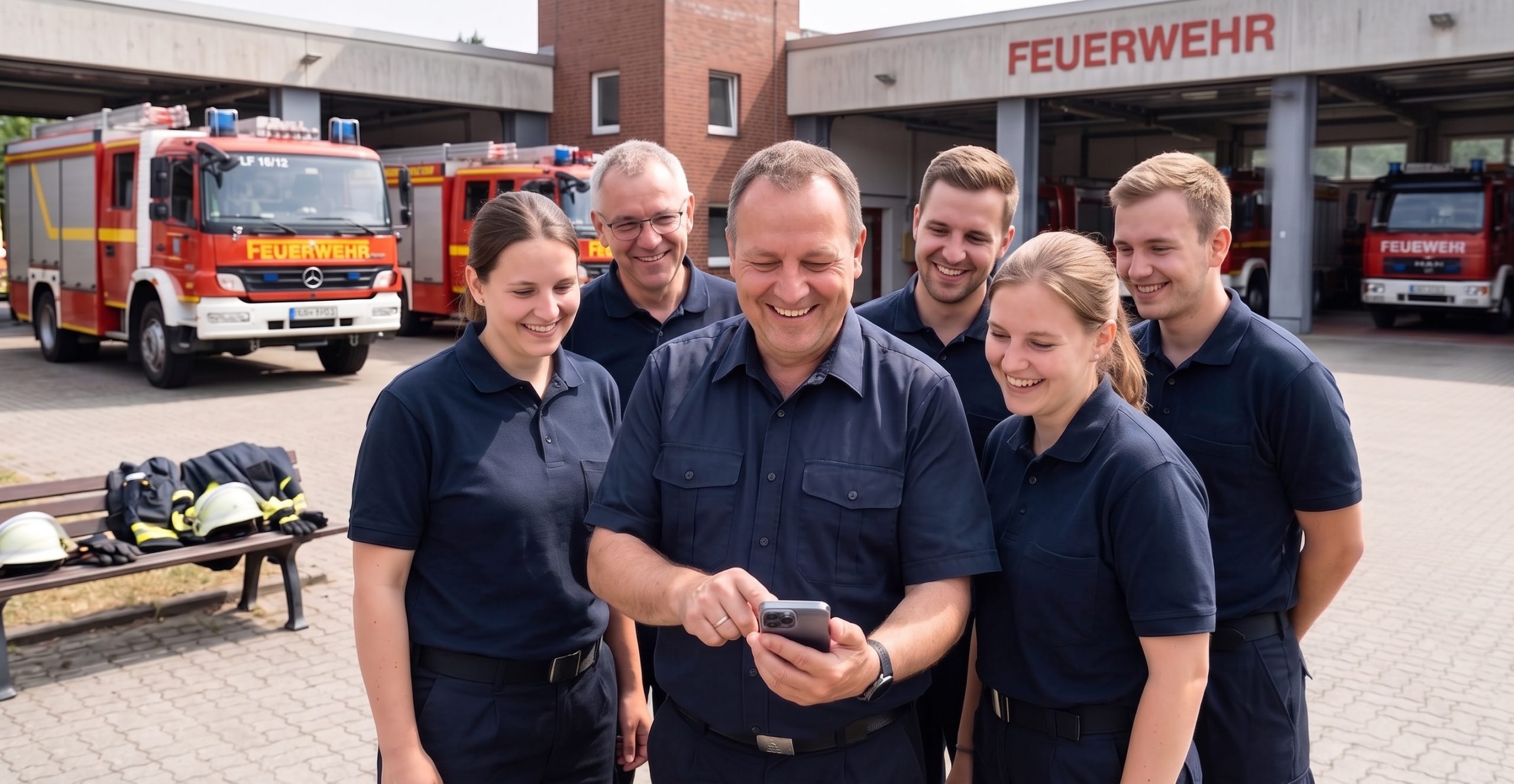 Ein lächelnder Stadtbrandmeister aus Niedersachsen steht mit seiner Feuerwehr-Mannschaft vor dem Gerätehaus und blickt zufrieden auf ein Smartphone.