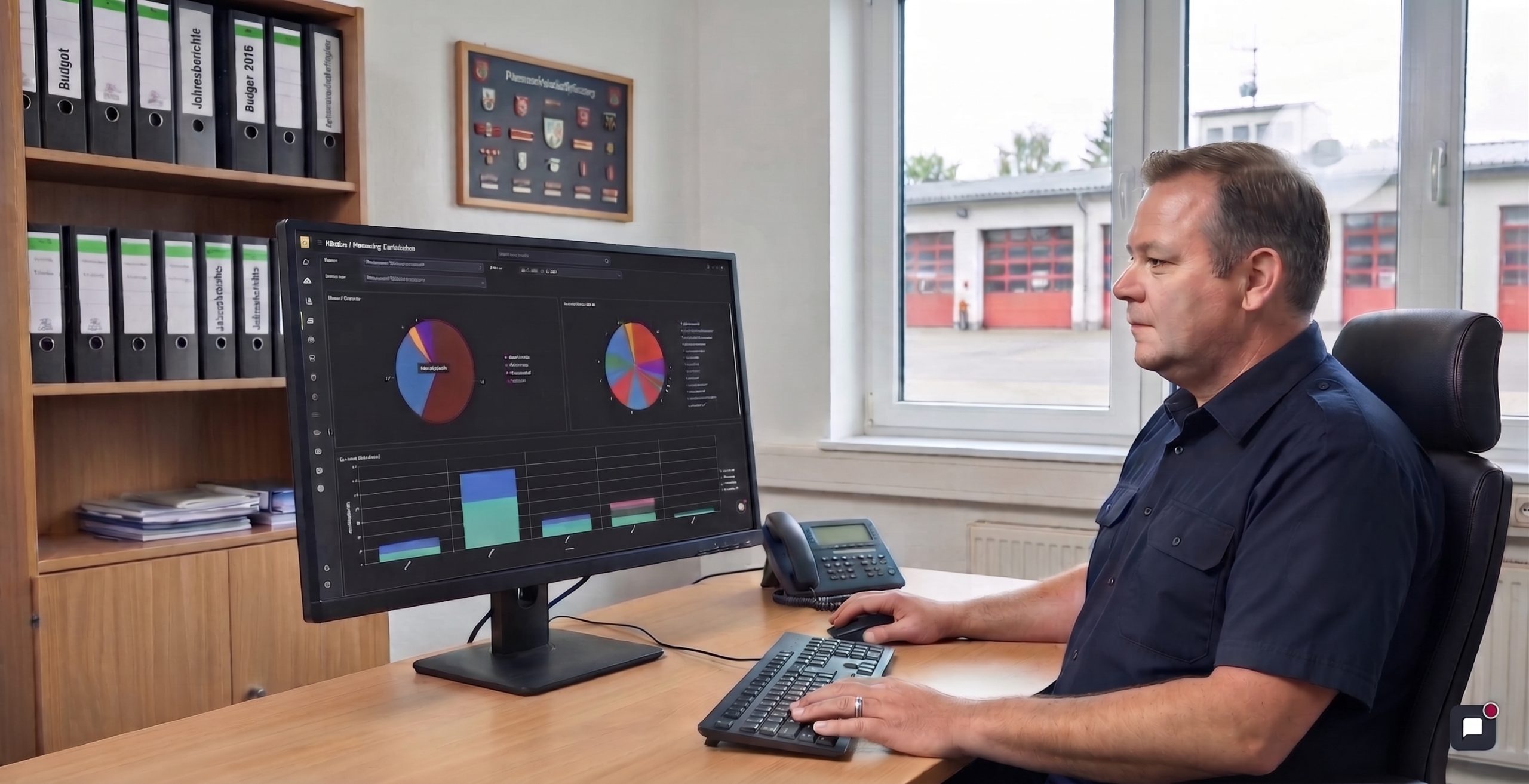 Ein Feuerwehrmann in Dienstkleidung sitzt im Büro an einem Schreibtisch und analysiert auf einem großen Computermonitor anschauliche Statistiken und Diagramme.