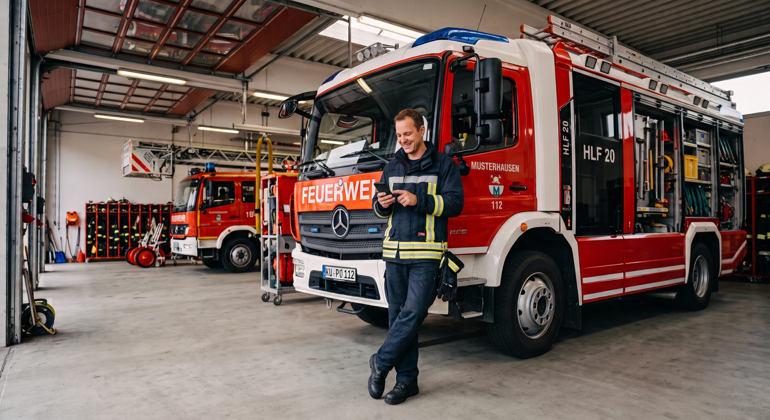 Ein lächelnder Feuerwehrmann in Einsatzkleidung benutzt sein Smartphone, während er an der Vorderseite eines HLF 20 Löschfahrzeugs lehnt.