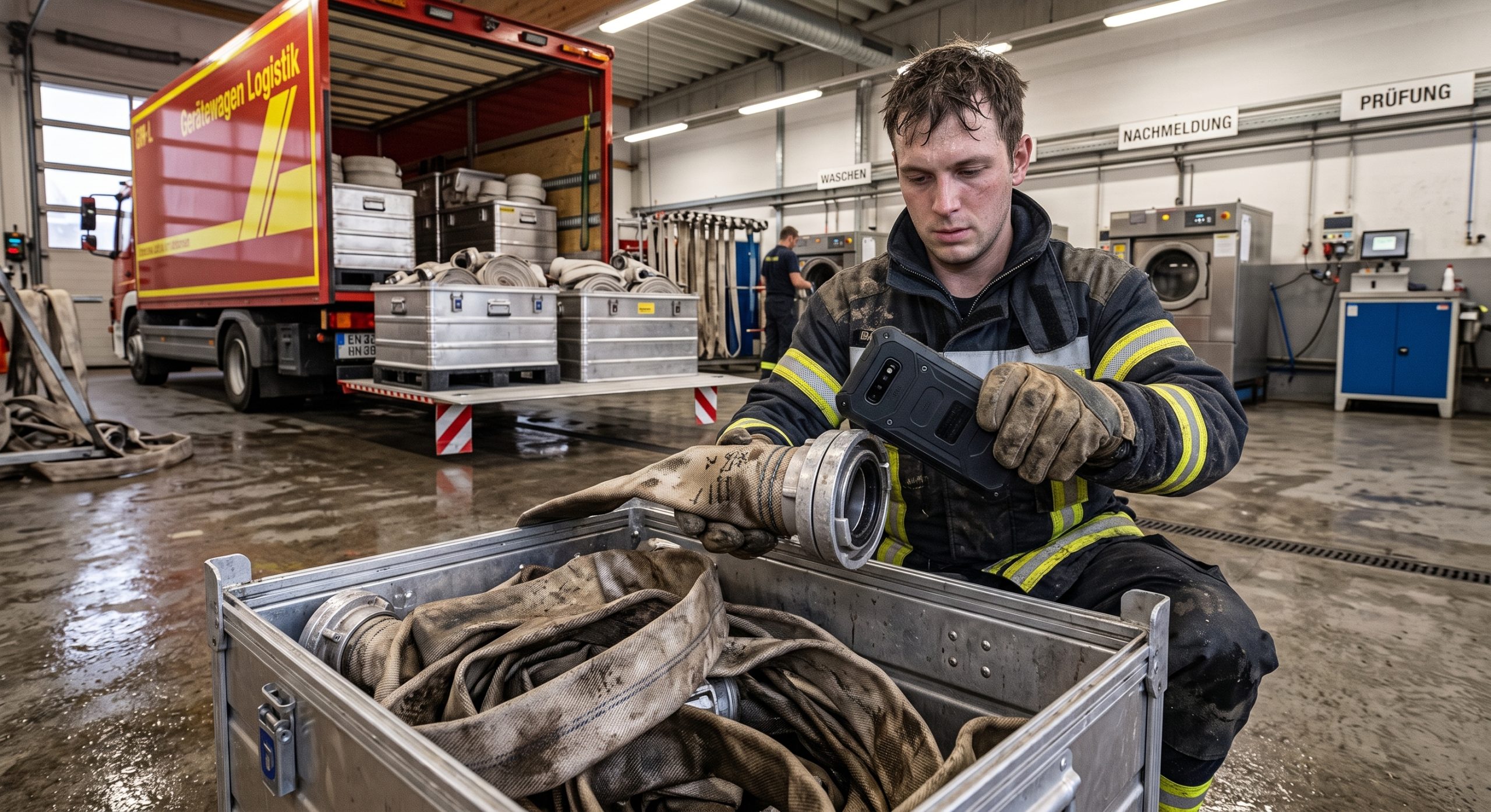Ein Feuerwehrmann in Einsatzkleidung kniet vor einer Aluminiumkiste mit verschmutzten Feuerwehrschläuchen und scannt mit einem robusten Smartphone die Metallkupplung eines Schlauchs.